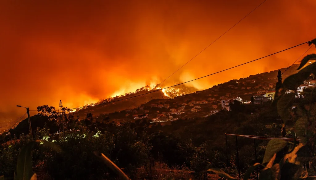 Raging wildfire with home on fire.