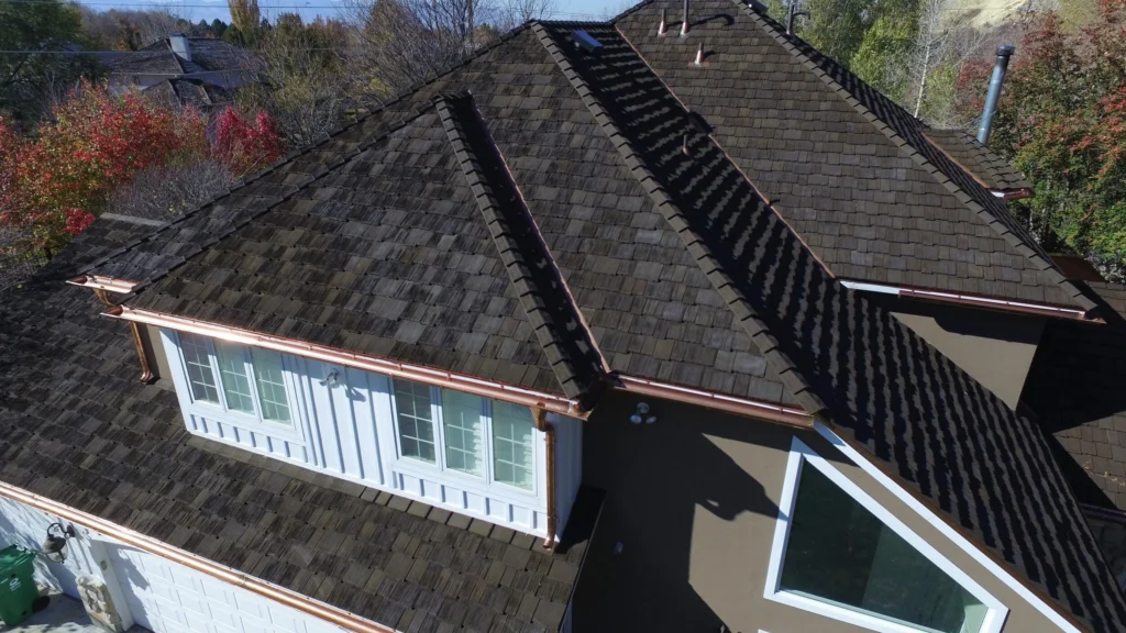 Rubber shake roofing material installed on a residential home in Cottonwood Heights, Utah.