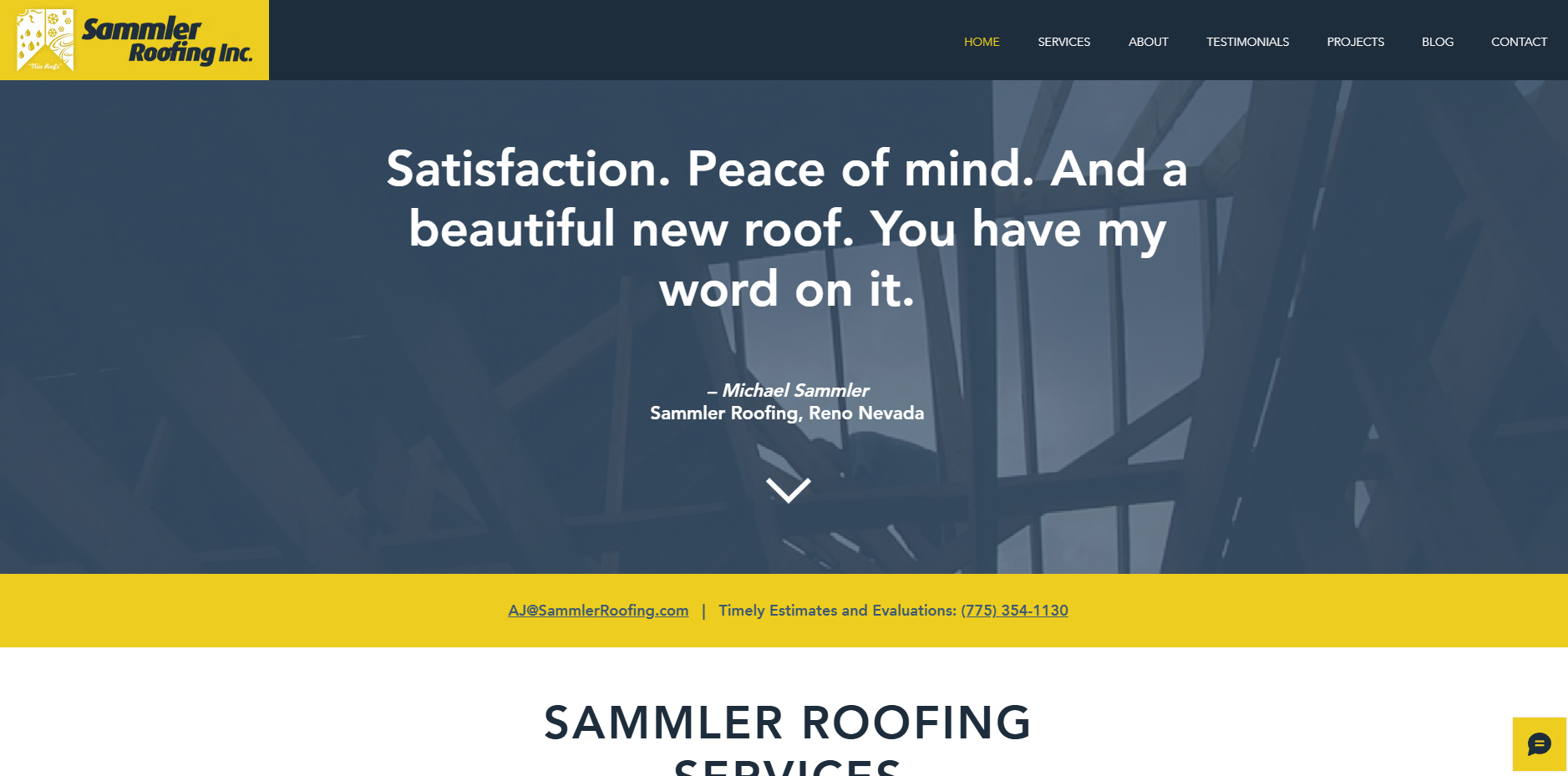 Screenshot of the Sammler Roofing website. A Local Las Vegas roofing contractor.