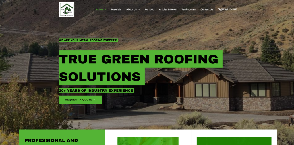 Screenshot of the True Green Roofing Solutions website. 