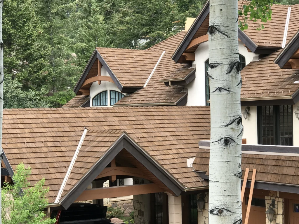 Home featuring CeDUR synthetic cedar shake roofing in a wooded setting.