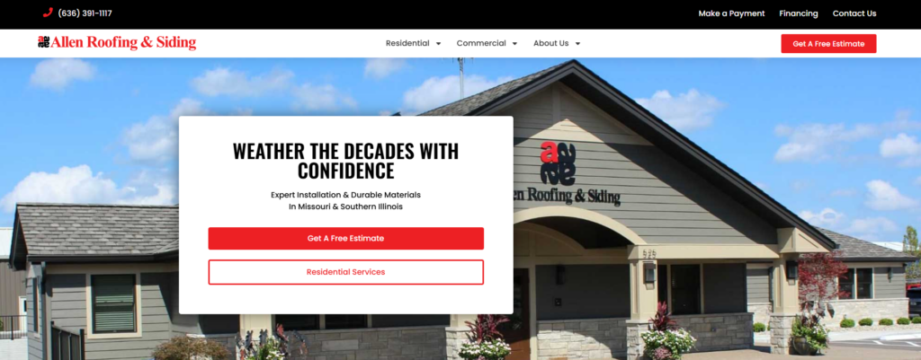 Allen Roofing and Siding homepage. 