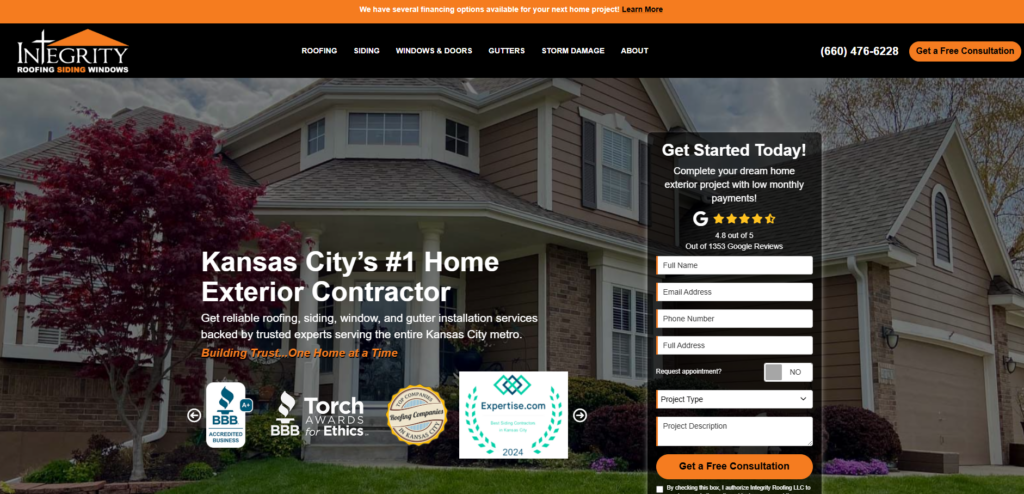 Integrity Roofing, Siding & Windows homepage.