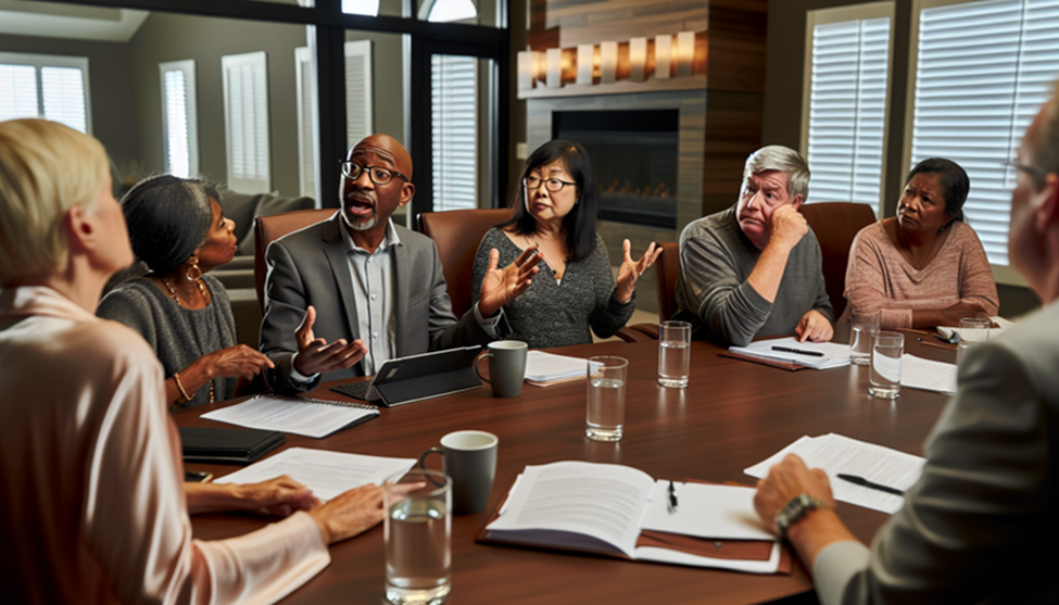 Homeowners association members discussing community matters at a meeting table.