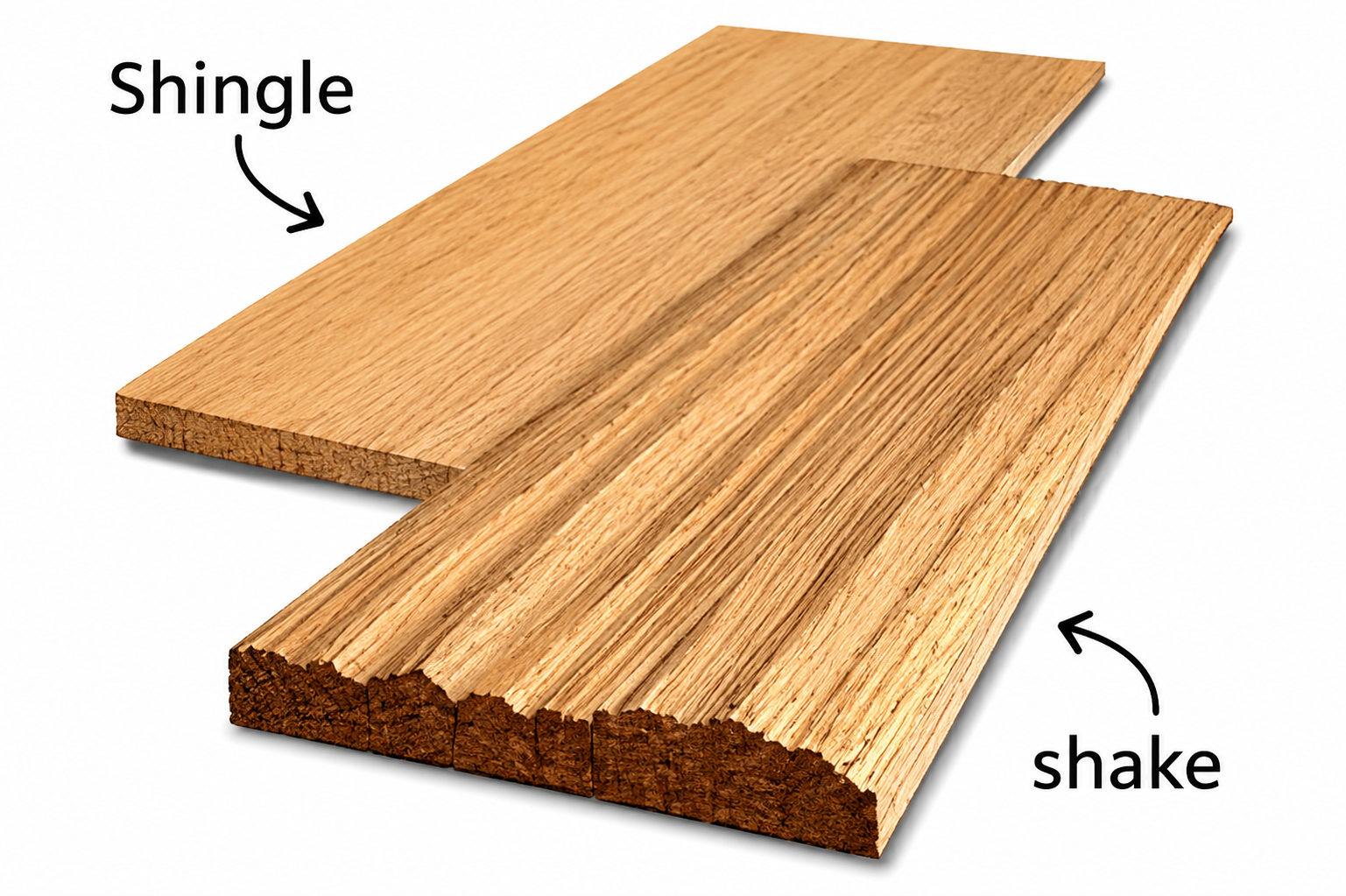 Wood shake and wood shingle side-by-side comparison showing their different textures and cuts.