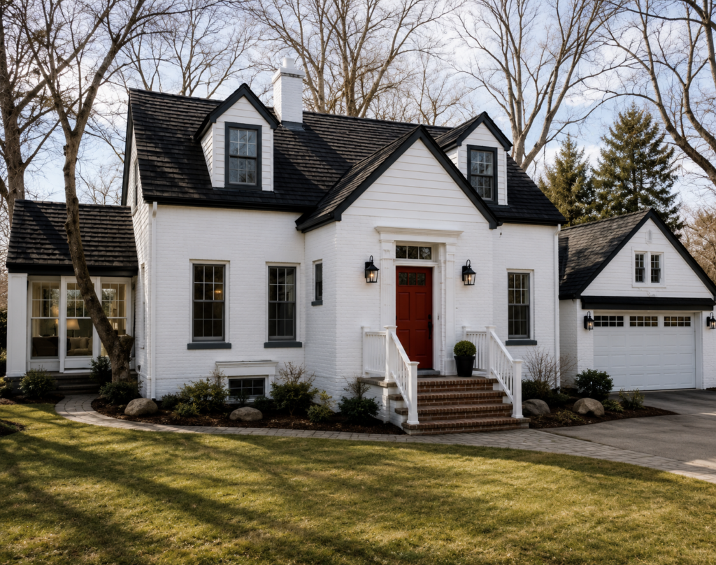 White brick home with dark cedar shake roof and red front door.