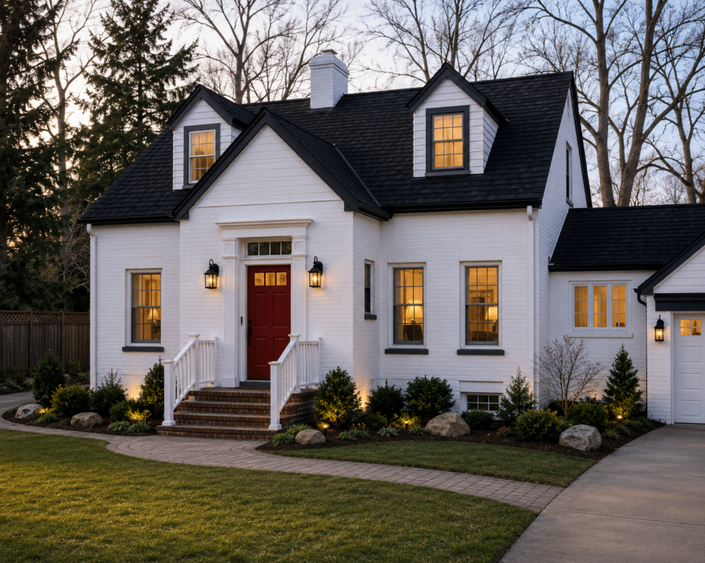 White brick home with black cedar shake roof and illuminated windows at dusk.