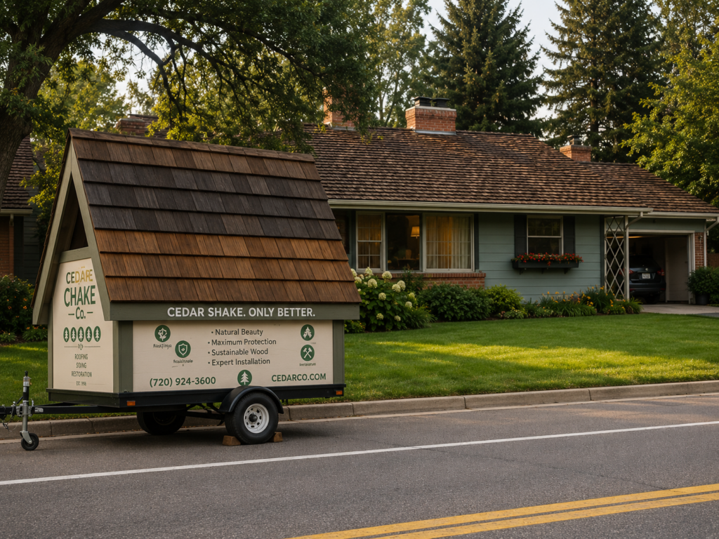 CEDUR roofing display trailer parked in front of a home with cedar-style roofing.