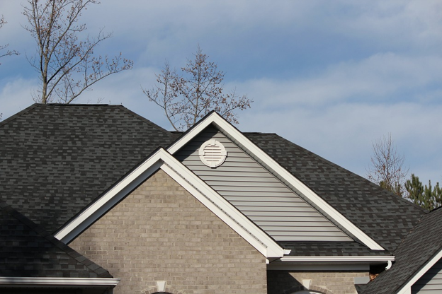 Close-up of asphalt roofing shingles.