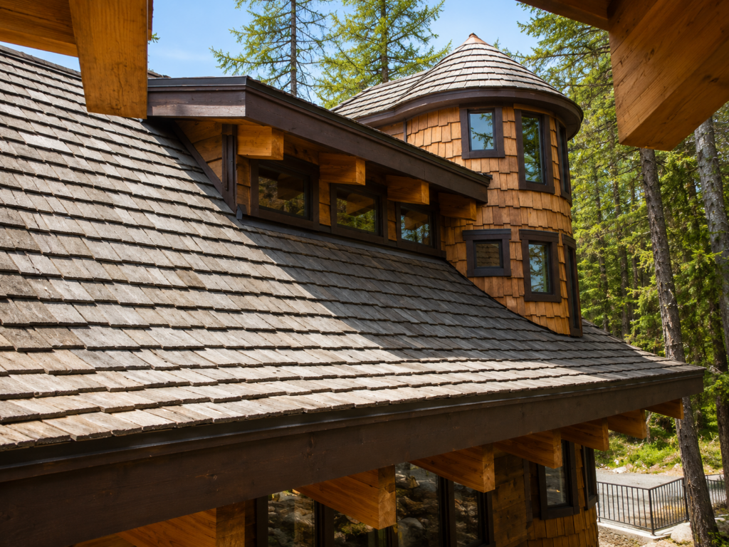 CEDUR synthetic cedar shake roof at Snow Bear Chalets in Whitefish Mountain Resort, Montana.