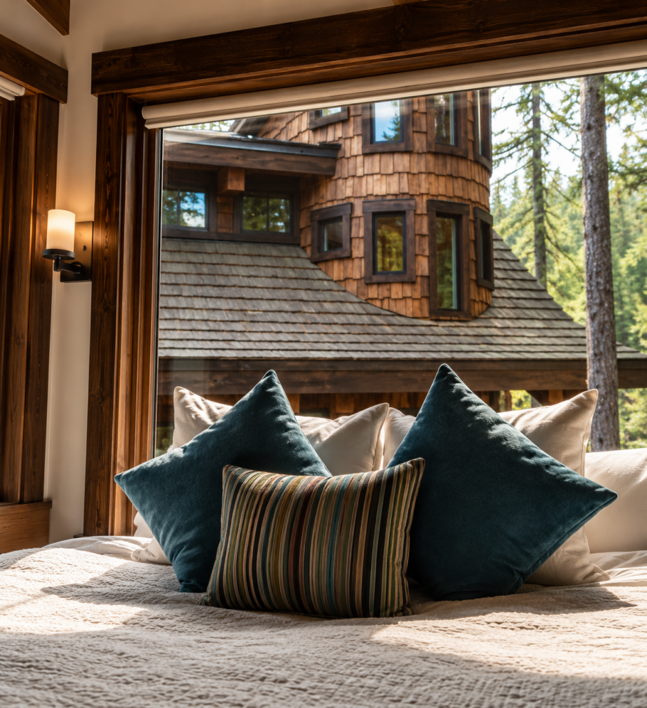 View of Snow Bear Chalets interior with mountain scenery and CEDUR roof visible through the windows.