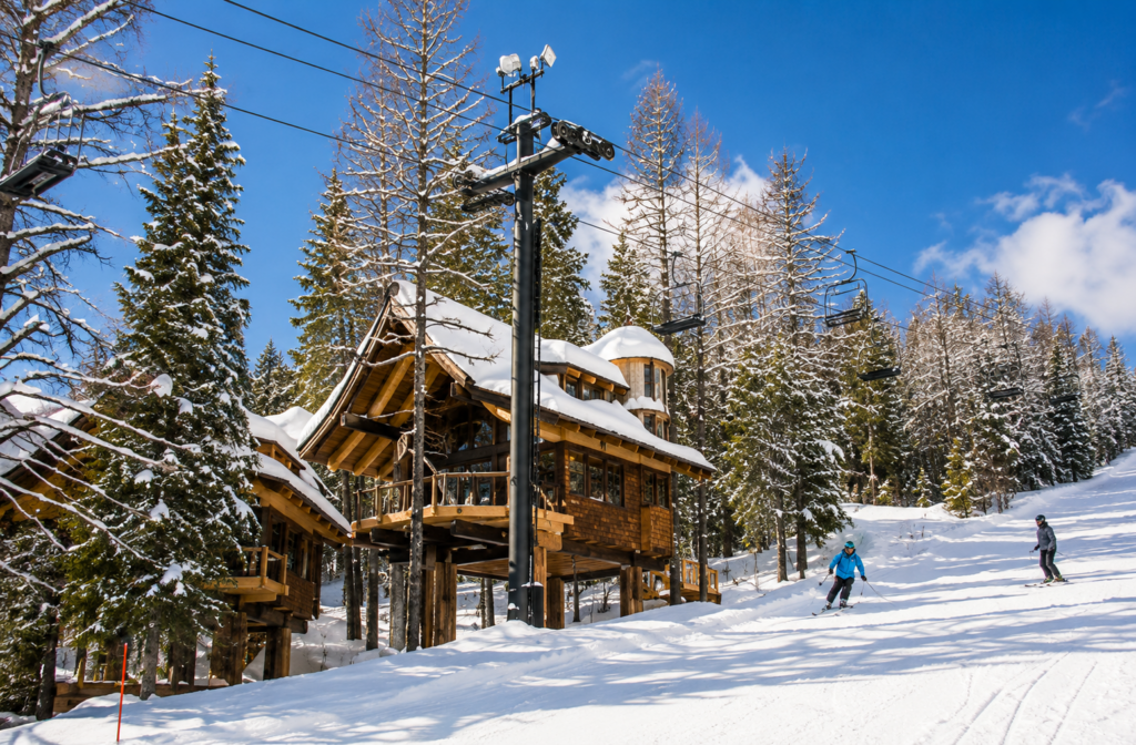View beneath Snow Bear Chalets overlooking Whitefish Mountain Resort, Montana.