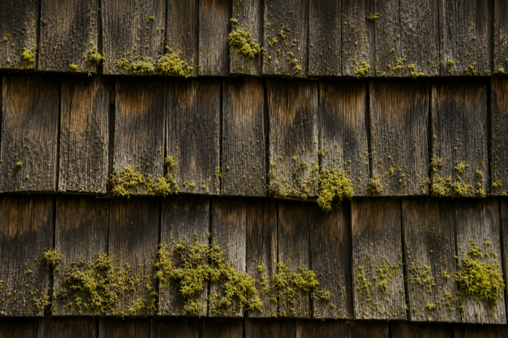 Moss on top of wood shake roof.