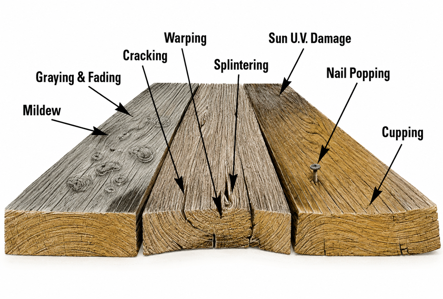 Diagram showing common types of cedar wood deterioration, including cracking, warping, fading, and UV damage.