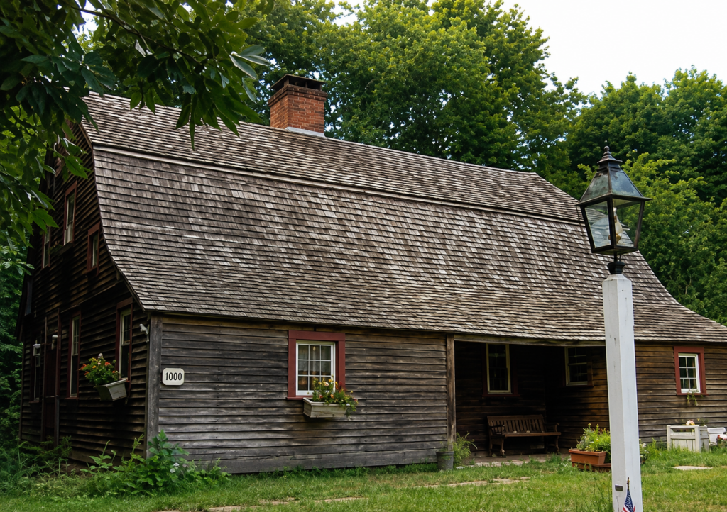 Historic wooden house with a weathered shake roof surrounded by trees.