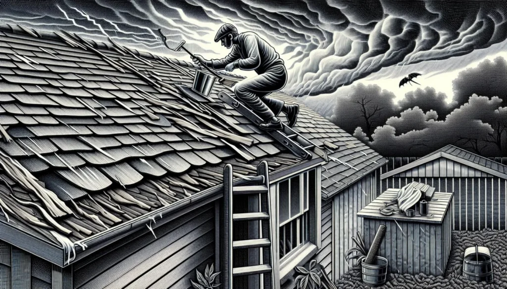 Roofer repairing storm-damaged shingles on a residential roof.