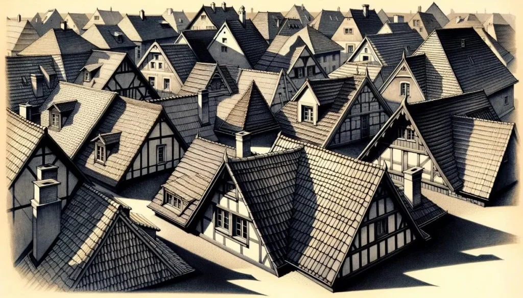 An image of multiple houses with roofs. 
