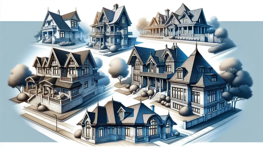 Various types of roof styles and houses.
