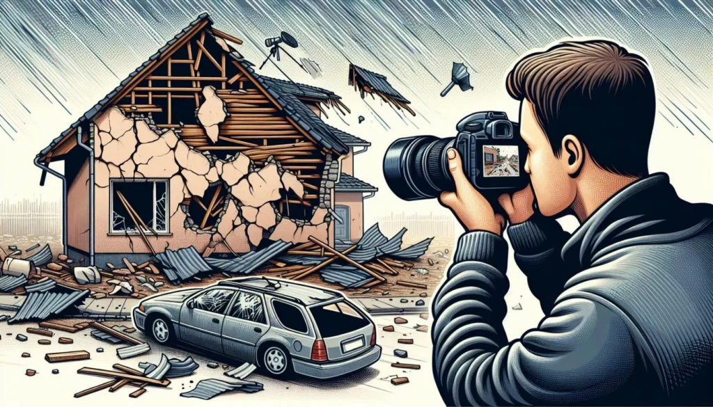 Photographer documenting storm damage to a house.
