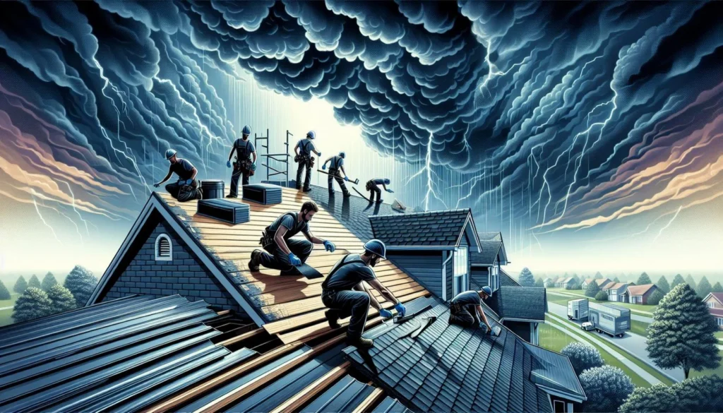 Roofing crew installing a roof under stormy skies.