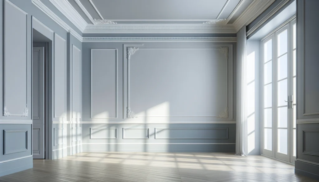 The inside of a house with detailing on the walls. 