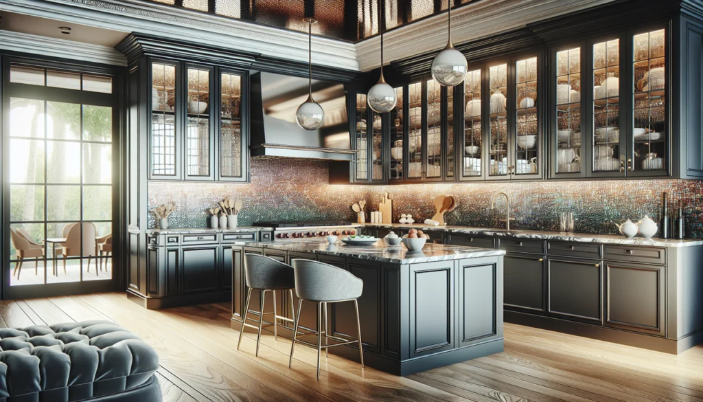 An upgraded kitchen with glass see through cabinets. 