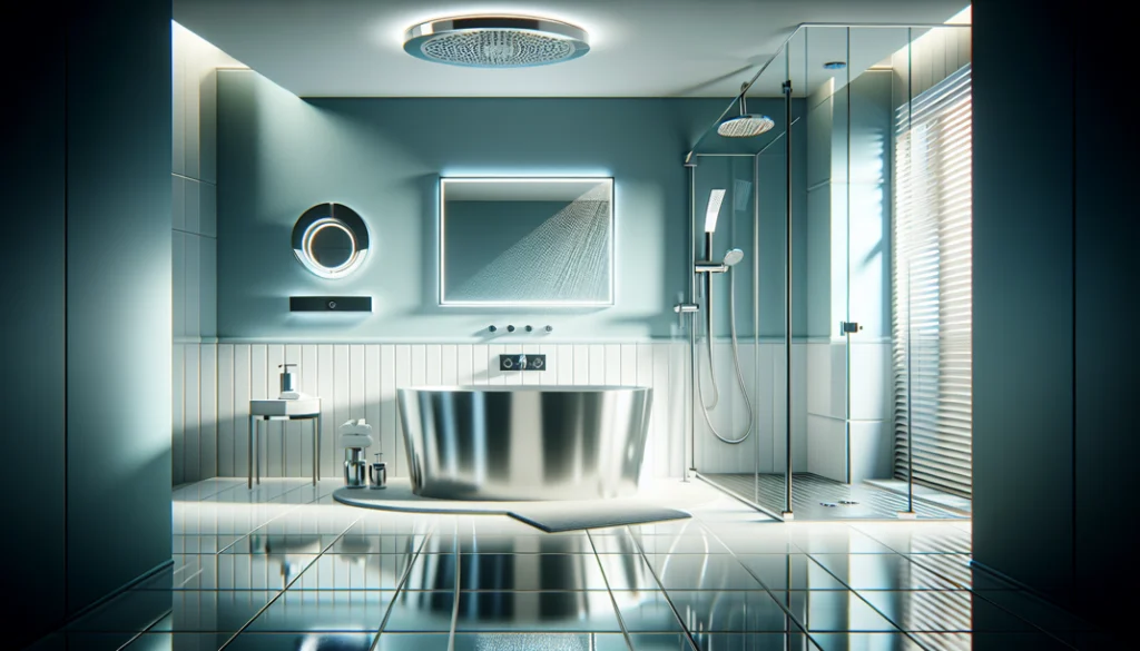 A modern upgraded bathroom with metal fixtrures. 