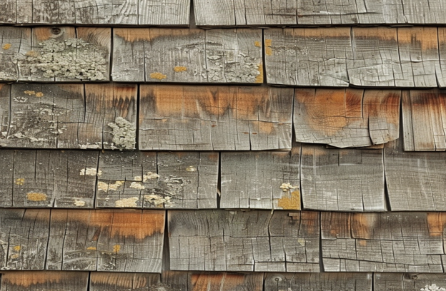 Wood shake siding showing the need for maintenancce. 