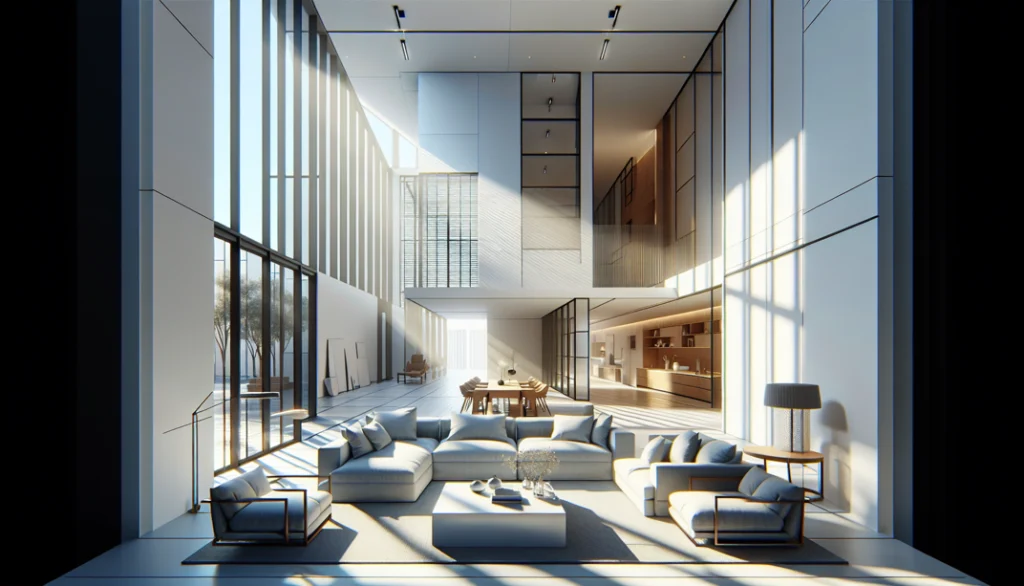 Open floor plan with modern furniture and large windows
