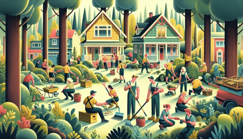 Illustration of a community coming together after a wildfire. 