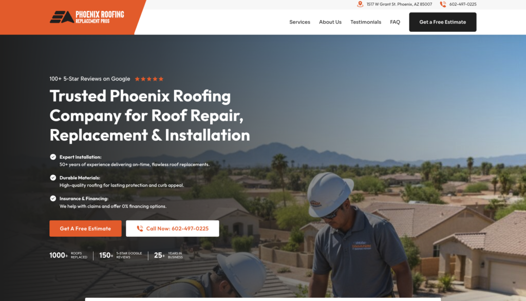 A Phoenix roofing pro website screenshot.