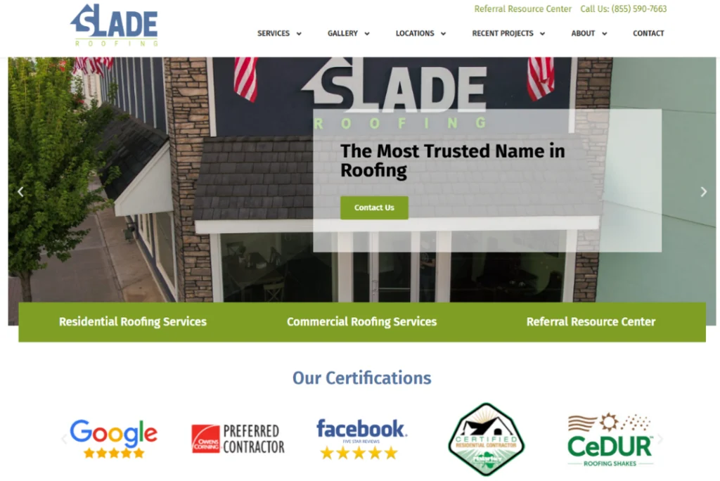 A snapshot of Slade Roofing's website.