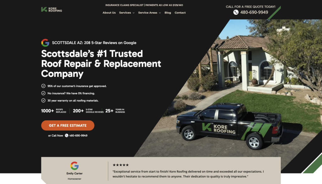 Website for Kore Roofing.