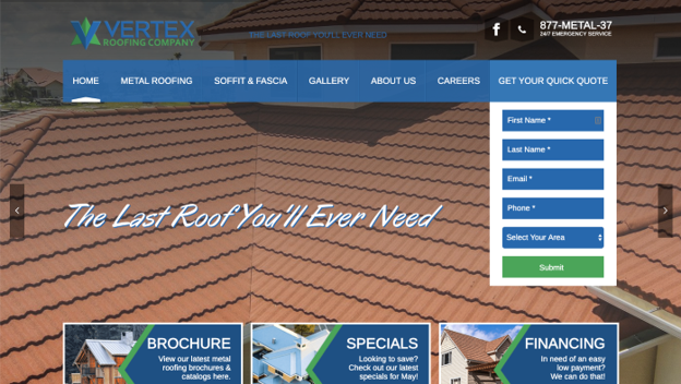 The Vertex Roofing homepage.