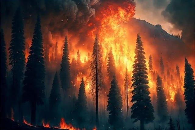 Wildfire spreading through a dense forest with towering flames and heavy smoke.