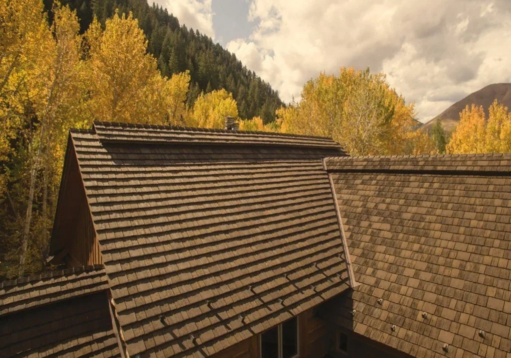 Wood shake roof blending naturally with surrounding trees and mountain scenery.