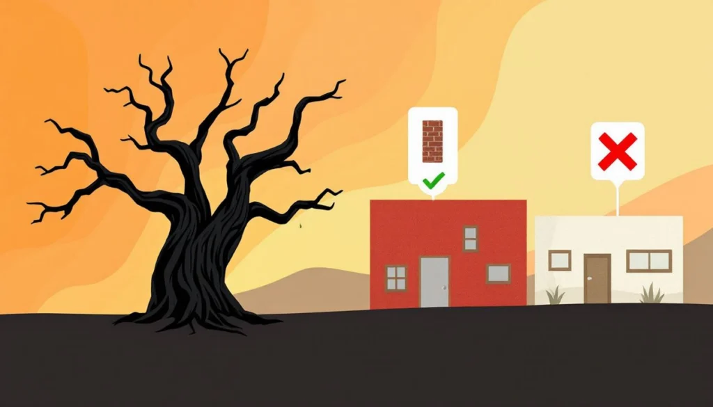 Illustration comparing a fire-resistant home to a vulnerable home in a wildfire-prone area.