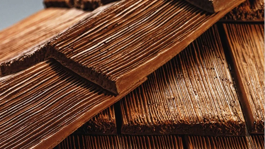 Close-up of textured wood shake roofing tiles.
