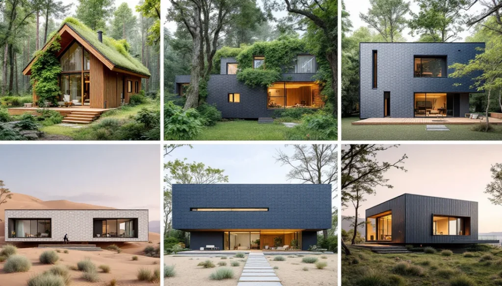 Multiple images of passive home designs. 
