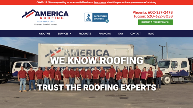 American Roofing webpage image.