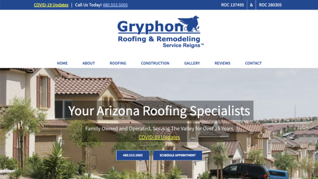A webpage for Gryphon Roofing.