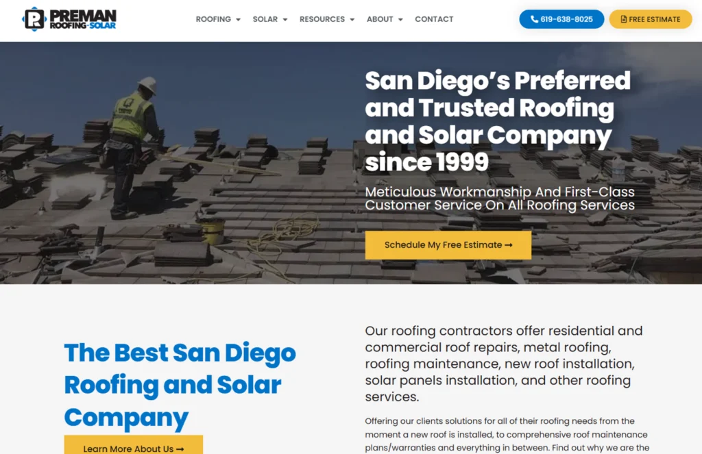Preman Roofing website screenshot.