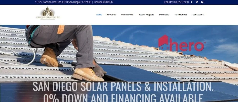 Millennium Roofing home page.