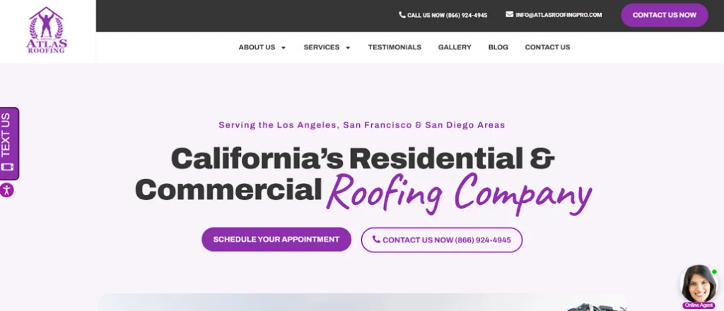 Atlas roofing website snipit.