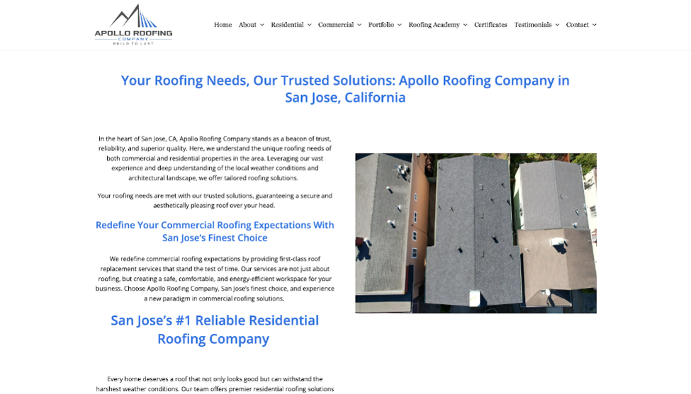 Apollo Roofing Company website homepage.
