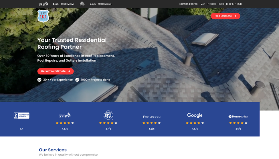Bay 101 Roofing Inc. website homepage.