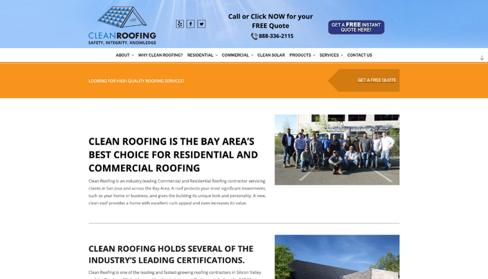 Clean Roofing website homepage.