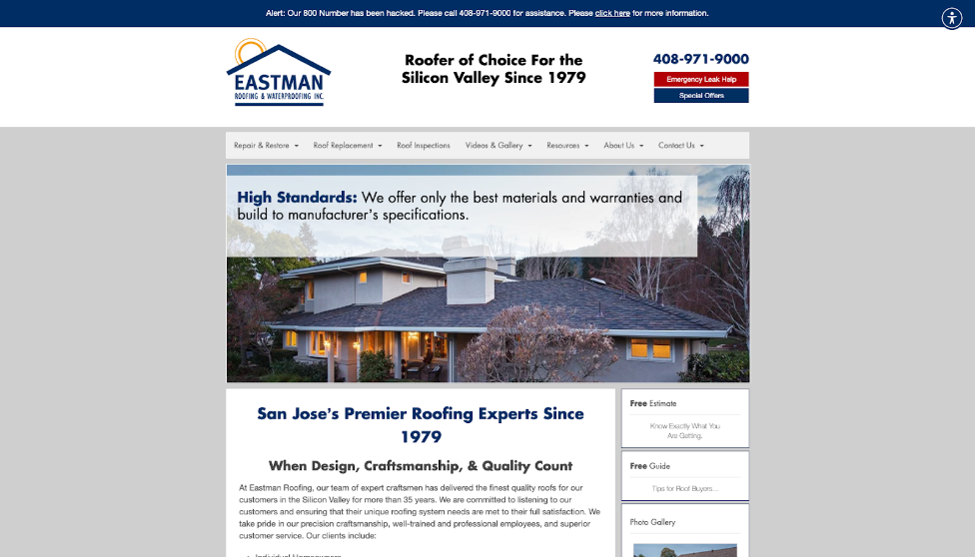 Eastman Roofing & Waterproofing website homepage.