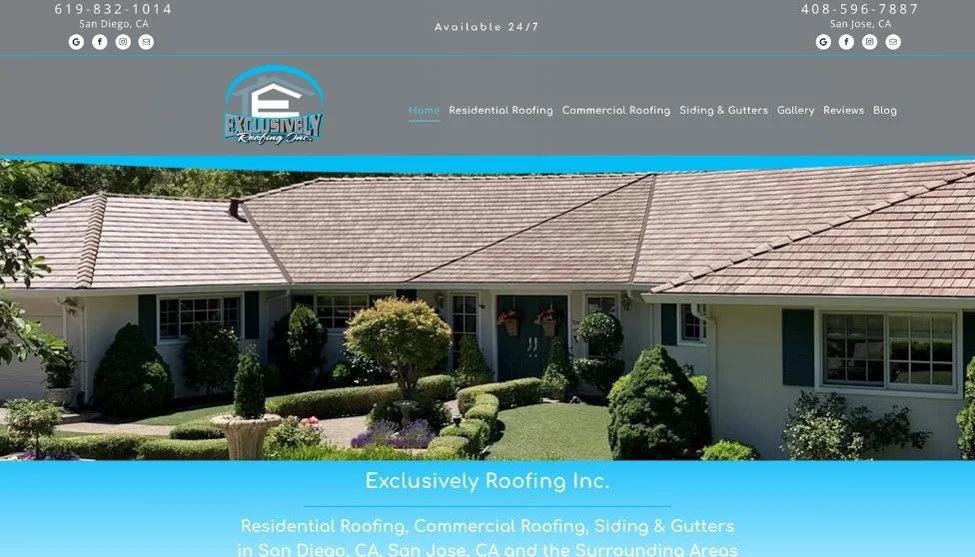 Exclusively Roofing Inc. website homepage.