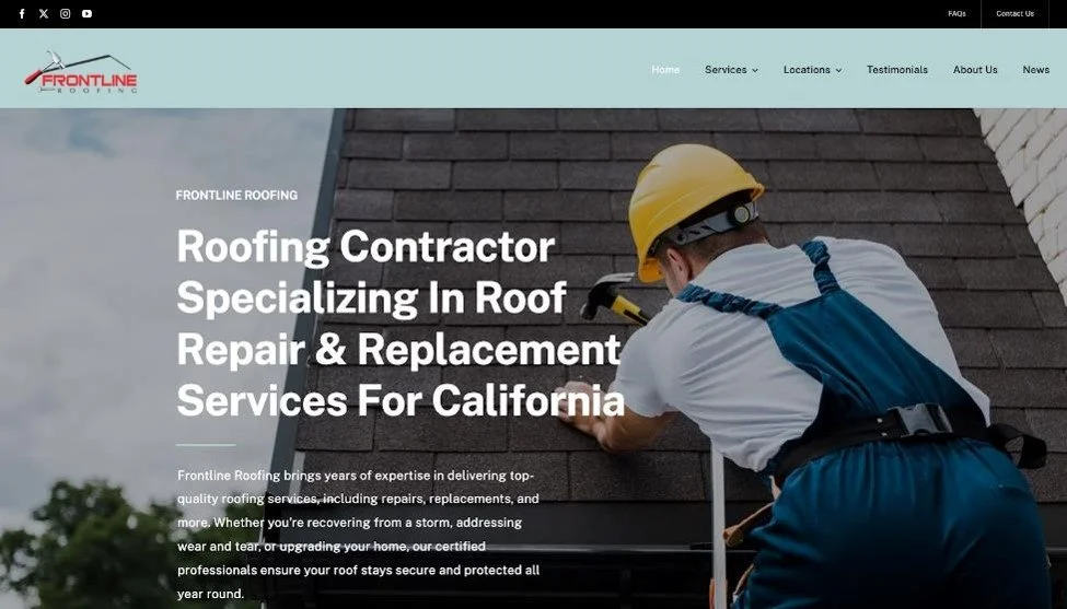 Frontline Roofing website homepage.